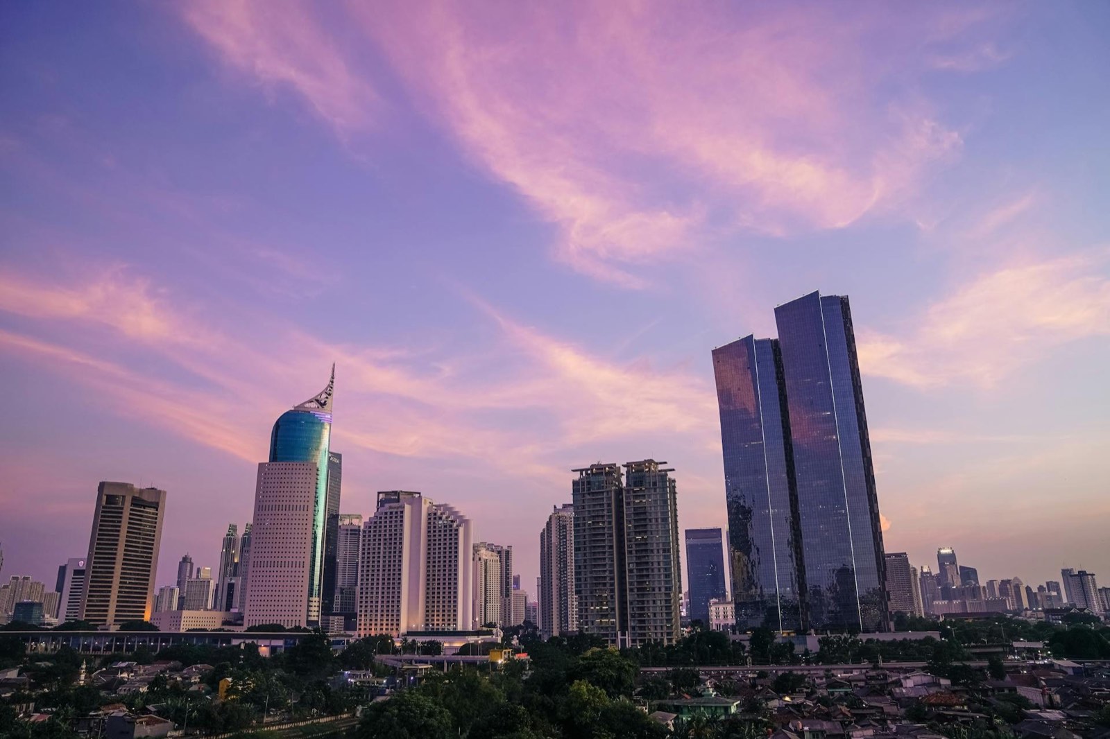 Jakarta business district skyline at sunset